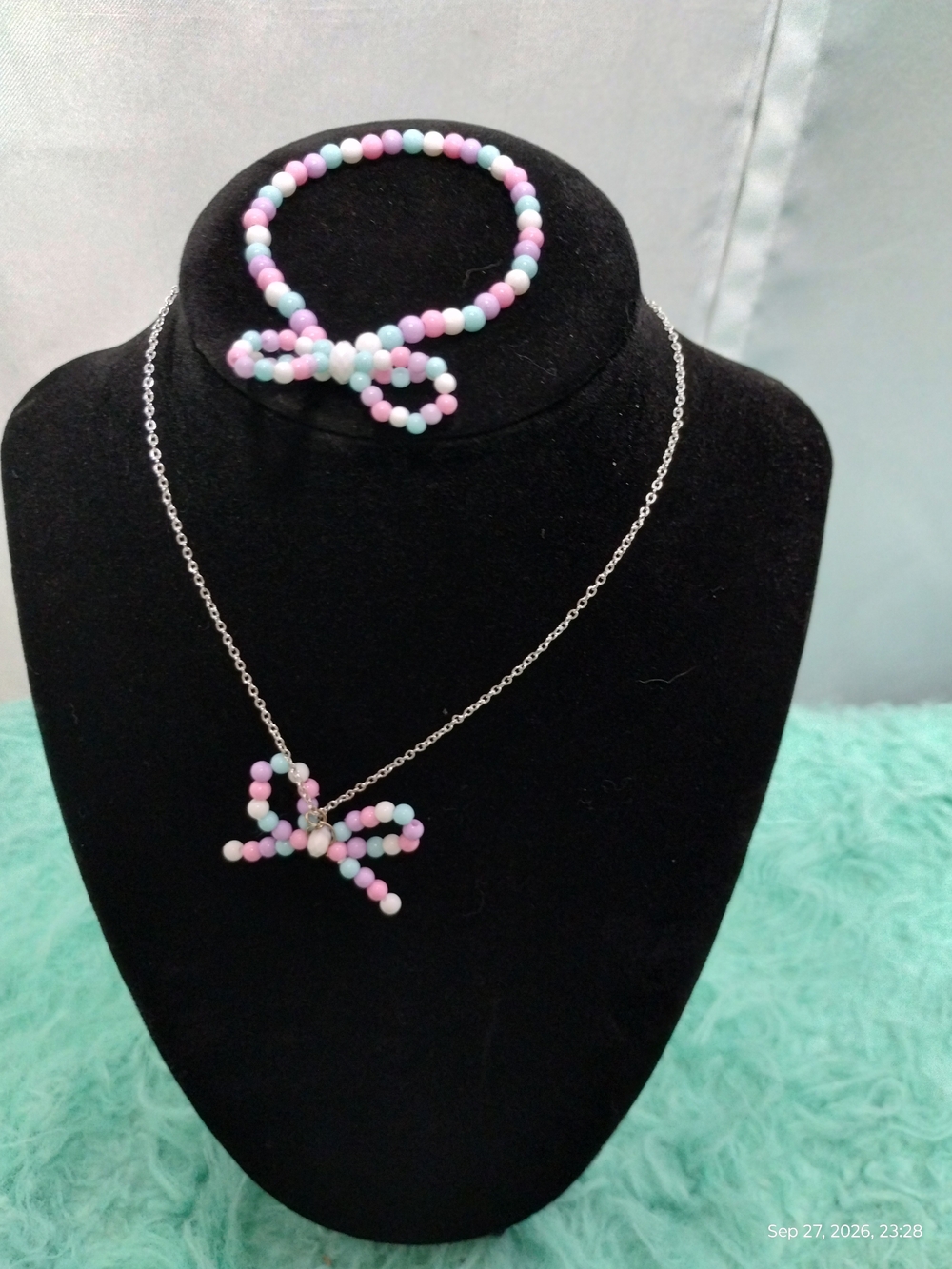 Girls Pastel Bow Beaded Necklace in Pink, Blue & White